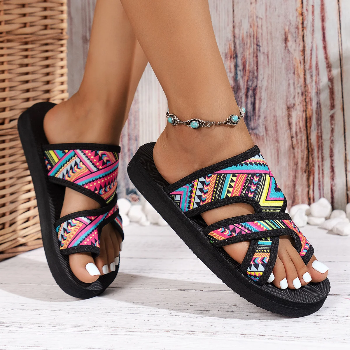 Summer Women Slippers Fashion Platform Sandals Open Toe Slip On Colorful Beach Shoes Ethnic Lightweight Slippers Slides Women_voghion.com