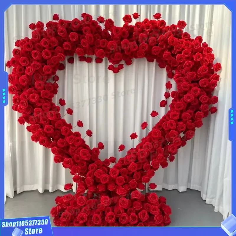 8ft Metal Heart Shaped Floral Wedding Arch Stand with Roses for Outdoor Party Ceremony Background Decoration Event Wall Heart