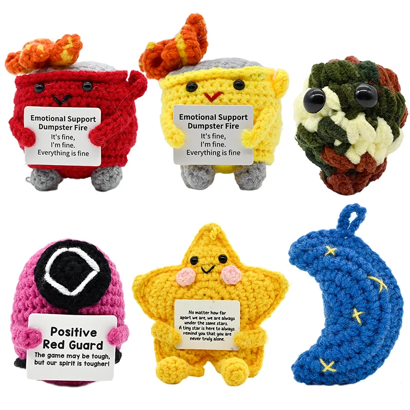 LittleThingsSeries Positive Energy DumpsterFire Star Moon Crochet  Handmade KnittedDoll with Encouragement Card Desk Decor Gift