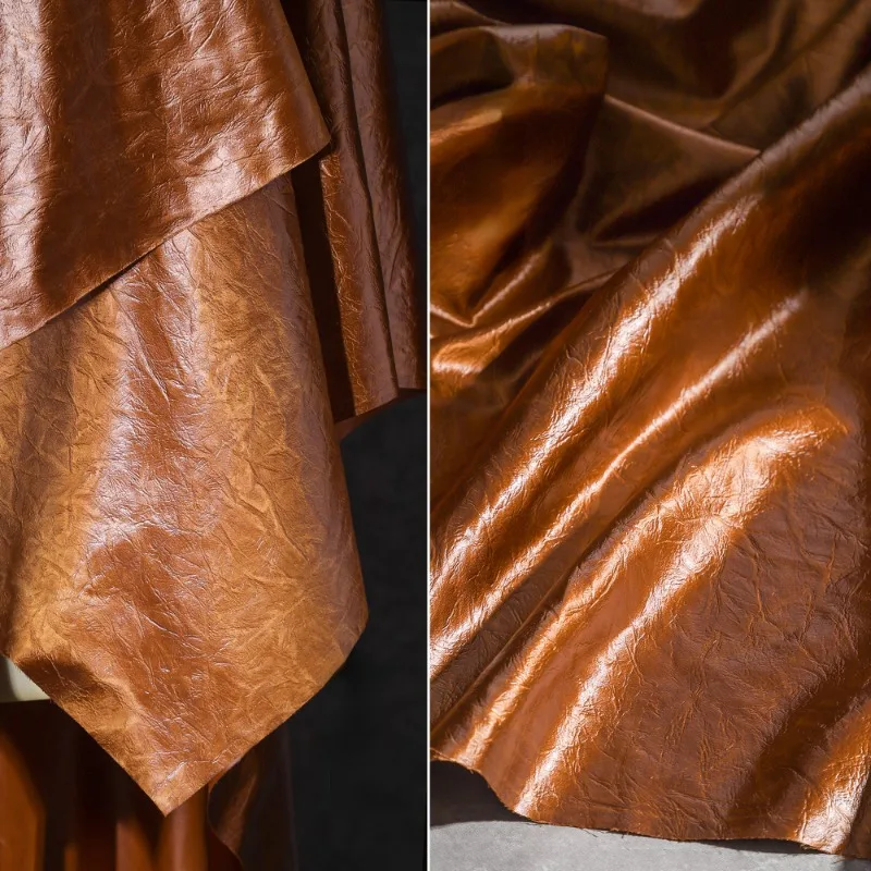 Caramel Brown Crumpled Texture Imitation Leather Fiber Fabric  Texture Pressed Pleated DIY Handmade Clothing Designer Fabric