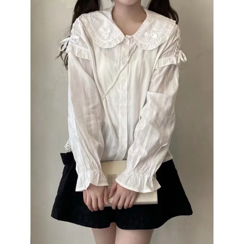 

QWEEK Lolita Japanese Kawaii White Shirt Lace Up Cute Casual Youth Blouses Women's Solid Color Sweet Korean Preppy Long Sleeve