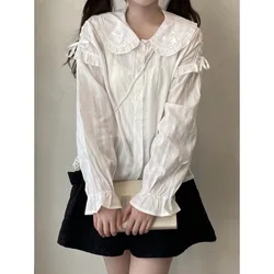 QWEEK Lolita Japanese Kawaii White Shirt Lace Up Cute Casual Youth Blouses Women's Solid Color Sweet Korean Preppy Long Sleeve