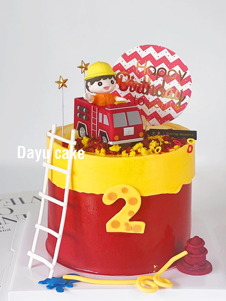 Firefighting Hero Themed Birthday Decoration Firefighter Fire Truck Happy Birthday Cake Toppers for Boy Kids Day Party Supplies