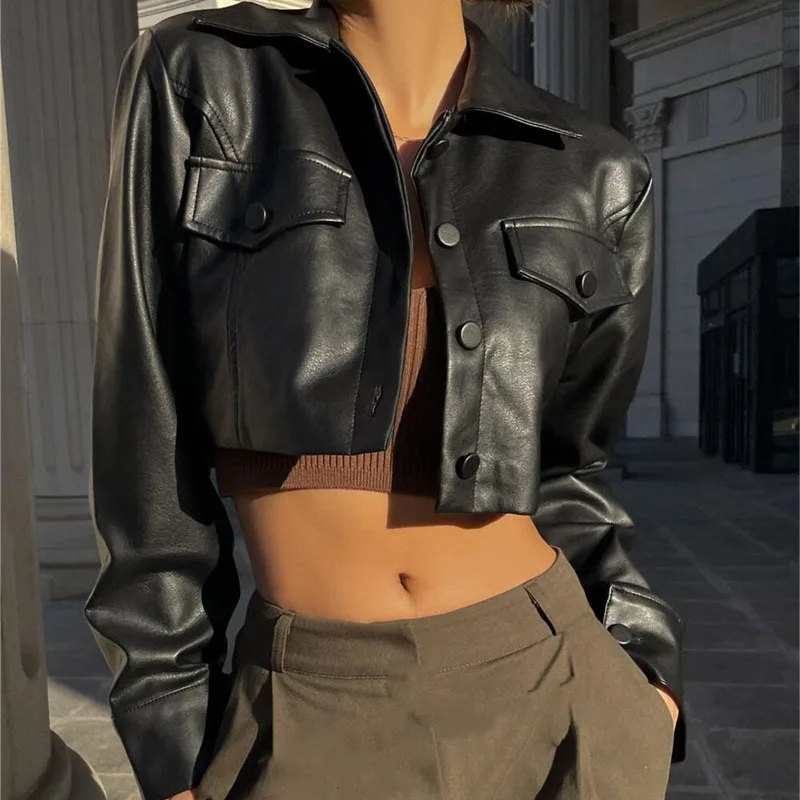 Autumn Black Faux Leather Short Jacket Women Turndown Collar Single Breasted Moto Biker Crop Outerwear Y2K Streetwear PU Coat