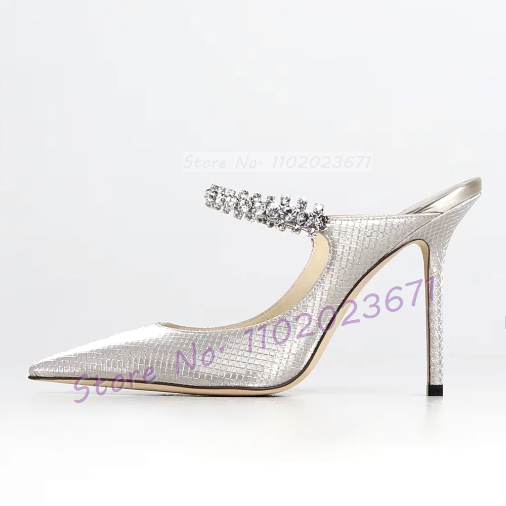 Silver Metallic Crystal Mules Woman Grid-pattern Rhinestone Arch Strap High Heels Ladies Elegant Summer Pointy Bling Slippers