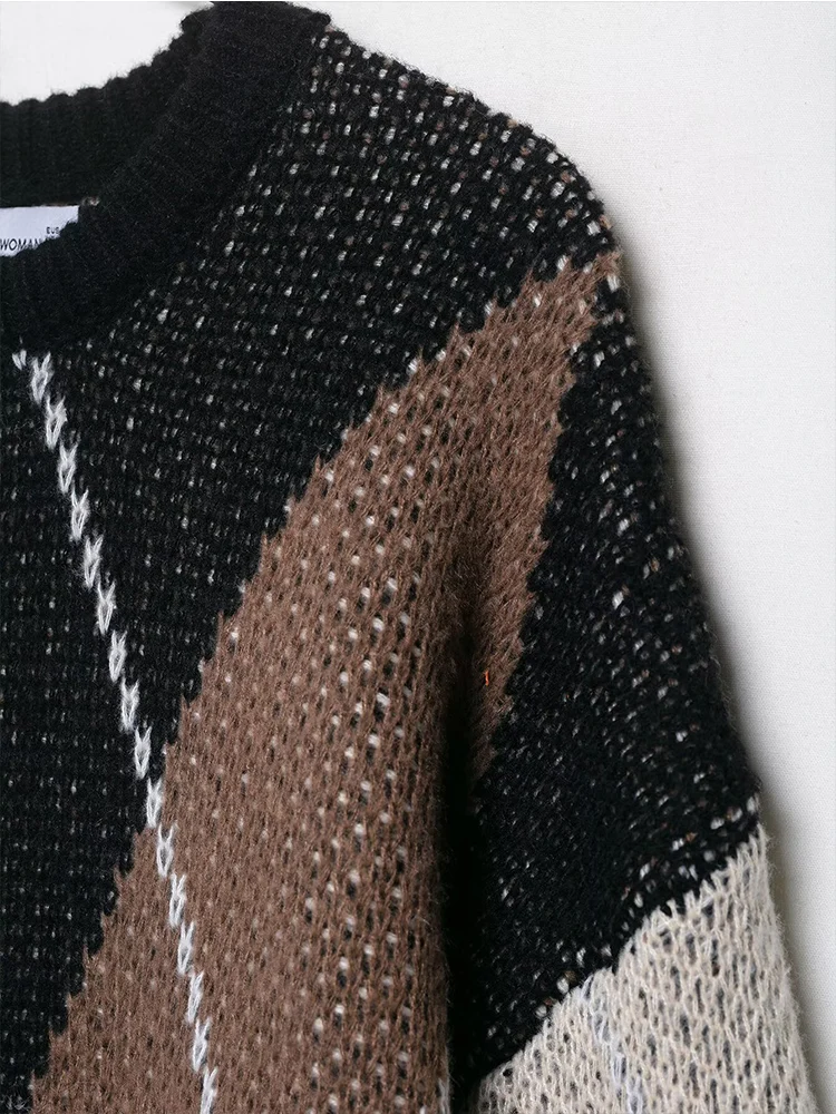   TFMLN Damesmode Argyle Trui Lente Herfst Losse O-hals Trui Gebreide Top Elegante Lange Mouw Plaid Casual Knitwear
