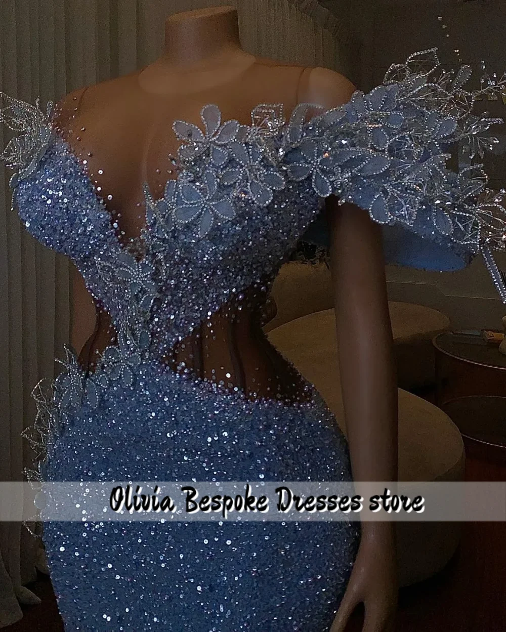Luxe glanzend blauw uit de schouder avondjurk zeemeermin Aso Ebi Afrikaanse kralen feestjurk luxe jurk vrouw 2025, aangepast