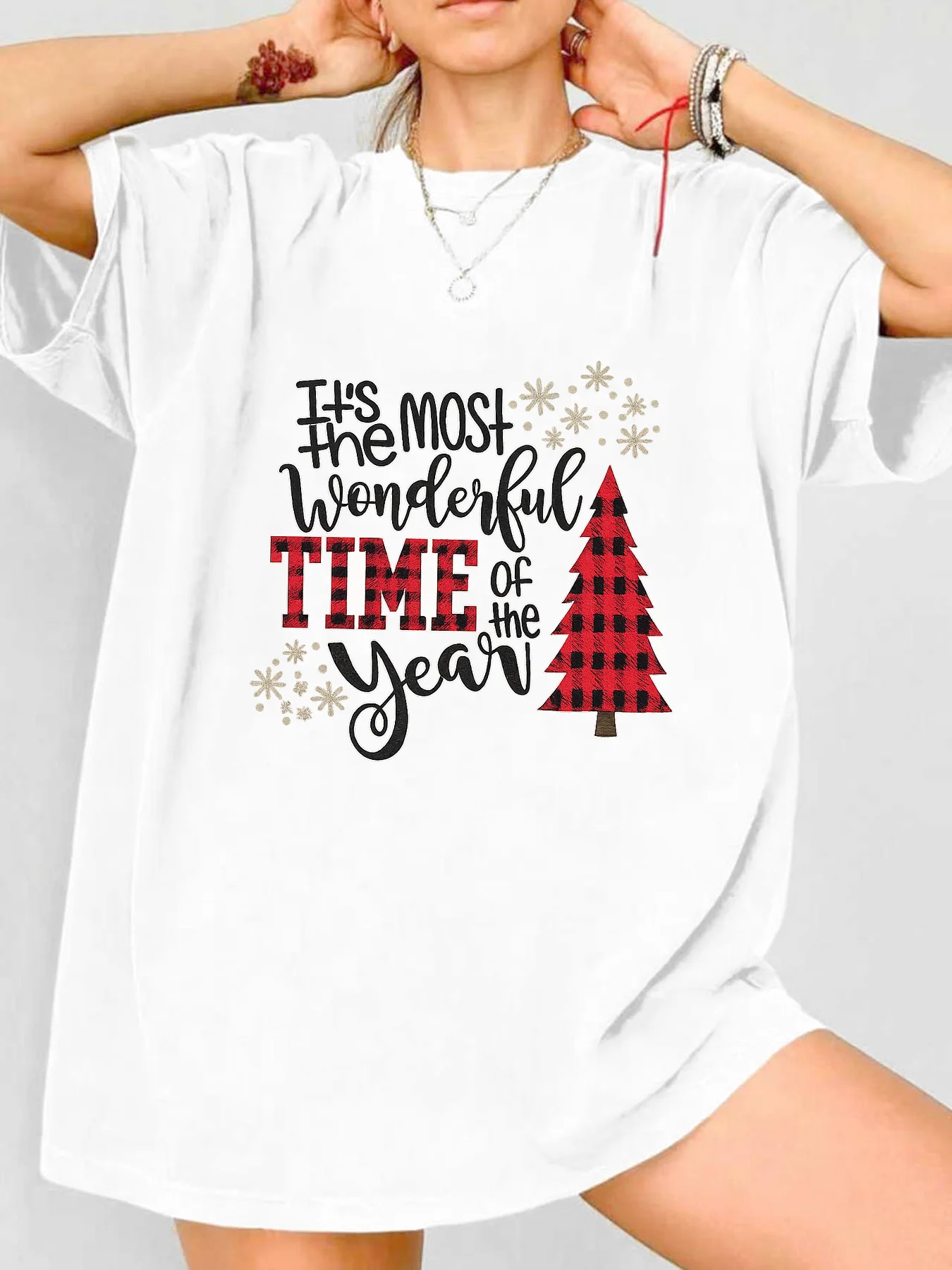 

【WDS00118】Plus size women's round neck short sleeve T-shirt with elastic half sleeves and trendy prints
