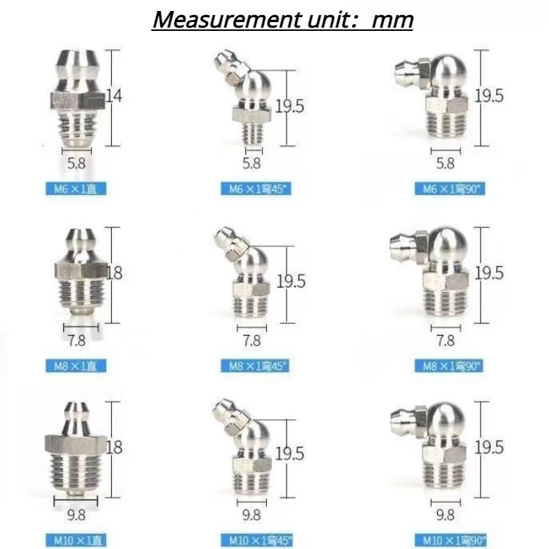 10PCS F0006 Stainless Steel Grease Nipple SS201 SS304 Metric External Thread Straight Elbow Type Grease Nipple for Grease Gun