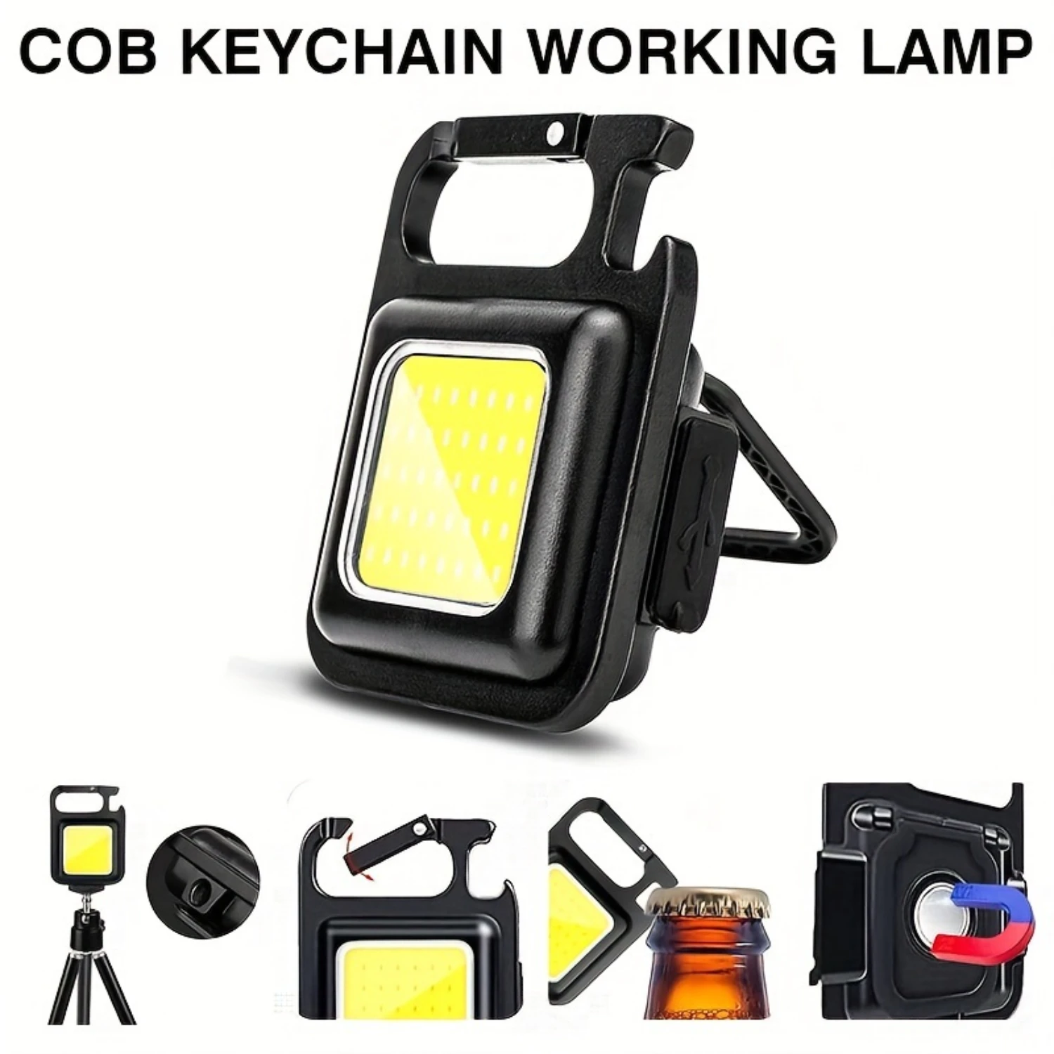 

COB keychain work light, 4 light modes, keychain light emergency light with folding stand, can be used as bottle opener, with ma