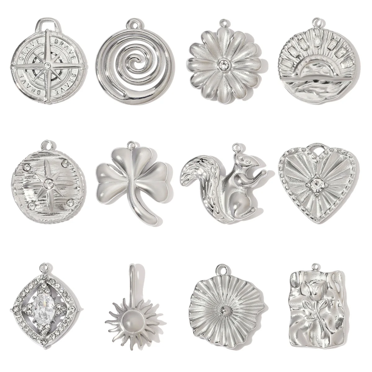 3 unids/lote de dijes DIY de hoja cuadrada de acero inoxidable a la moda, colgante de collar de Margarita rosa con diamantes de imitación, joyería de sol y estrella de octagrama para mujer