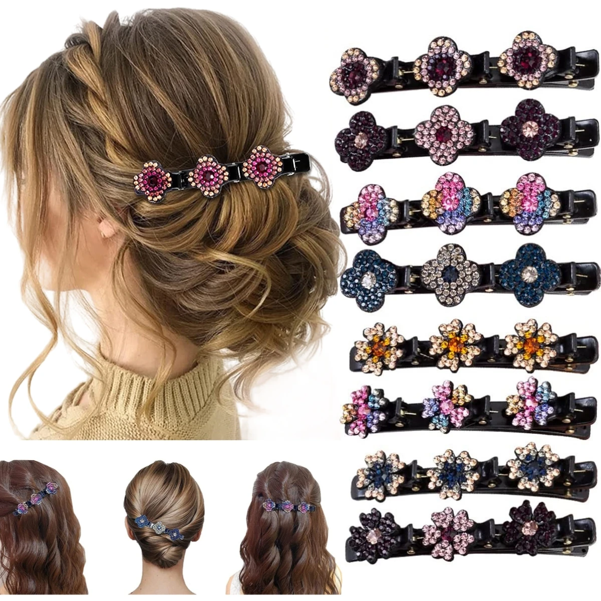 4Pcs Sparkling Crystal Stone Braided Hair Clips Satin Fabric Hair Bands Rhinestone Hair Clips Braided Hair Clip with Rhinestones