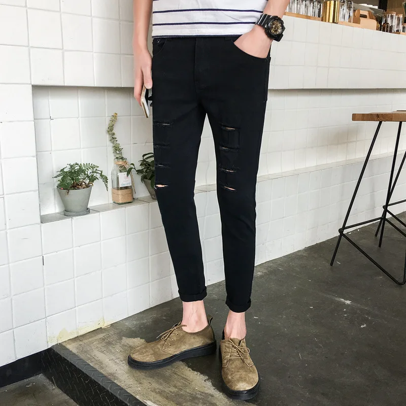 Trendy Black Ripped Gat Jeans Mannen Lente Zomer Tieners Nieuwe Merk Wilde Casual Broek Tiener Koreaanse Losse Rechte Broek