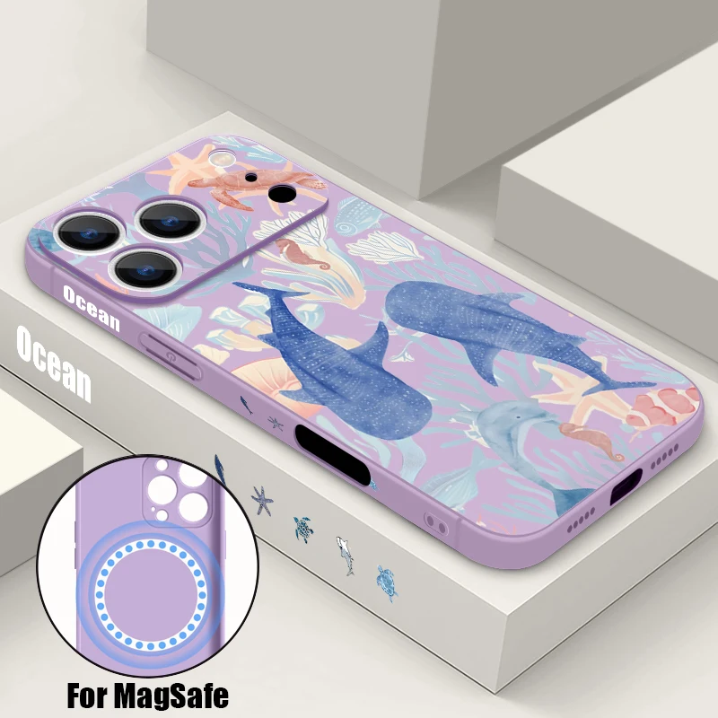 Magnetische Weiche TPU-Hülle für iPhone 17 Pro Max 17e 16 15 14 13 Pro Max 16e für MagSafe mit Wal- und Delfinmuster Silikon-Handyhülle