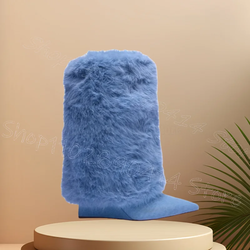 

Sky Blue Fur Design Suede Wedges Heel Boots Slip On Women Shoes Pointed Toe Fashion Party Feast Dating 2025 Zapatos Para Mujere