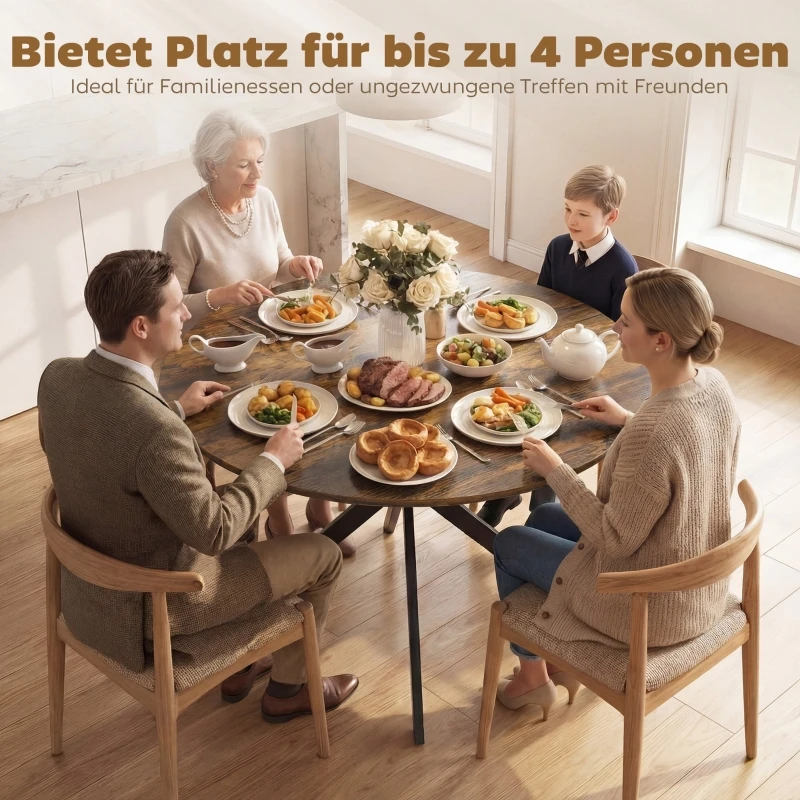 Runder Esstisch für 4 Personen, Küchentisch im Industriestil mit Stahlbeinen, für Esszimmer & Küche, Rustikales Braun – Detail 5
