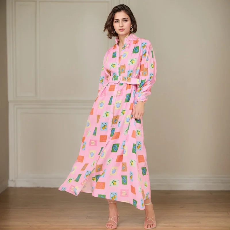 أنيقة مطبوعة الخصر فقاعة الصدر فستان طويل ضرب اللون عادية نصف الياقة المدورة قمصان طويلة الأكمام المرقعة حزام فساتين