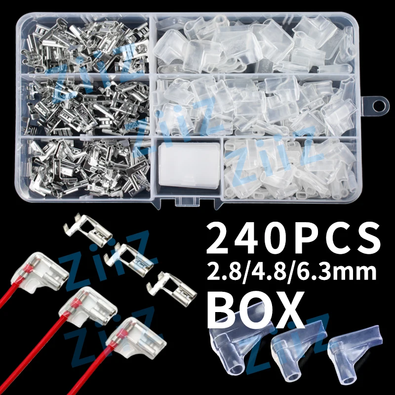 240Pcs BOX ectric Flag/Right Angle Crimp Terminal  Wire Connectors Set 2.8 4.8/6.3mm Female+sheath  Brass Silver Car ZiiZ