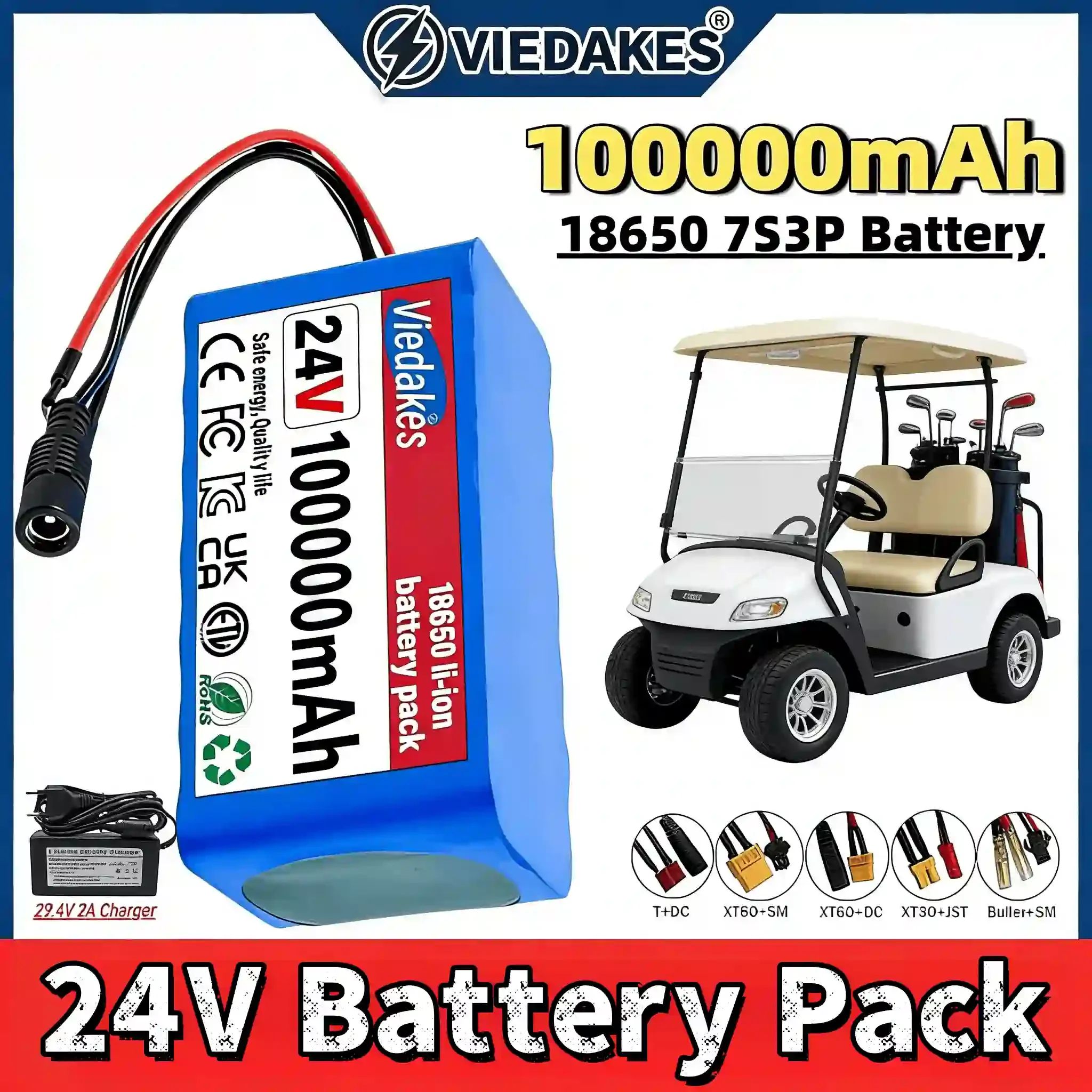 ✈️High Capacity 24V 7S3P 100Ah Rechargeable Battery BMS Protection Waterproof with Charger 24V 리튬 배터리