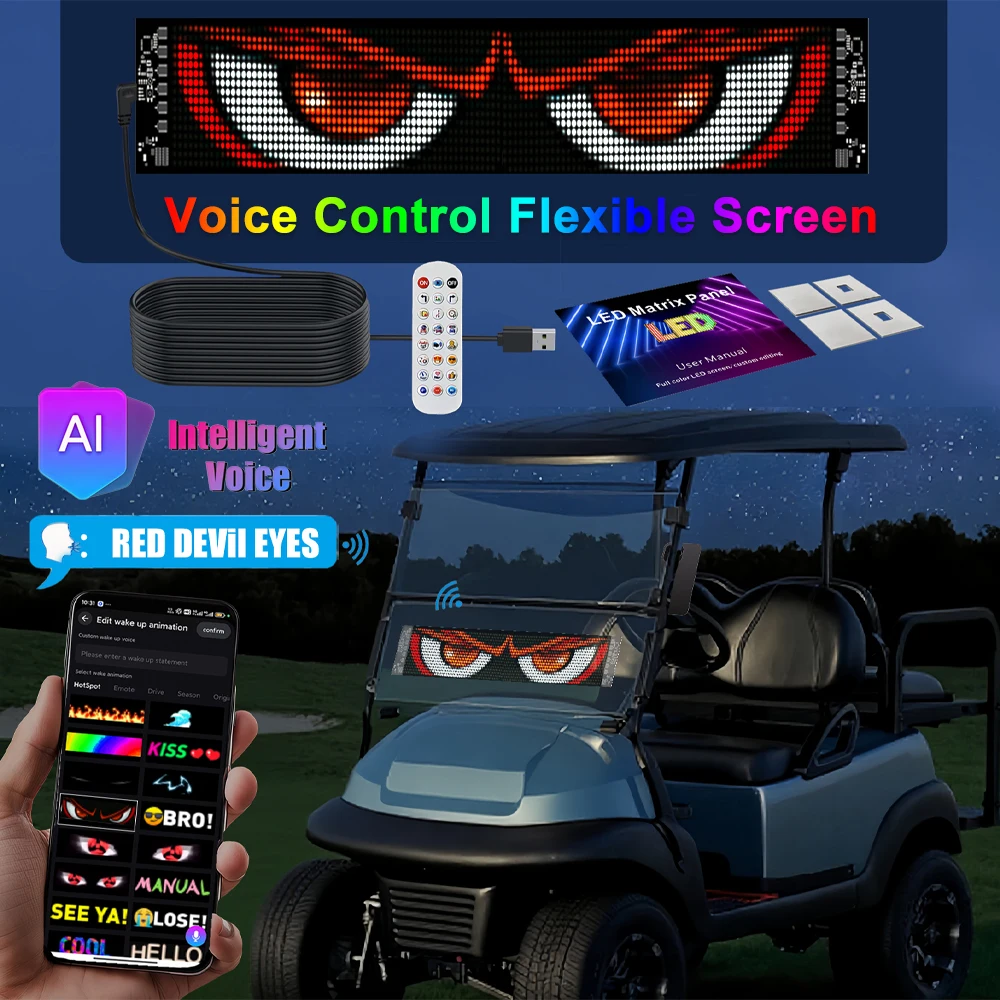 Panneau matriciel LED à commande vocale AI, panneau de voiture Devil Eye avec synchronisation de la musique, écran publicitaire Flexible, affichage de pixels rvb pour voitures