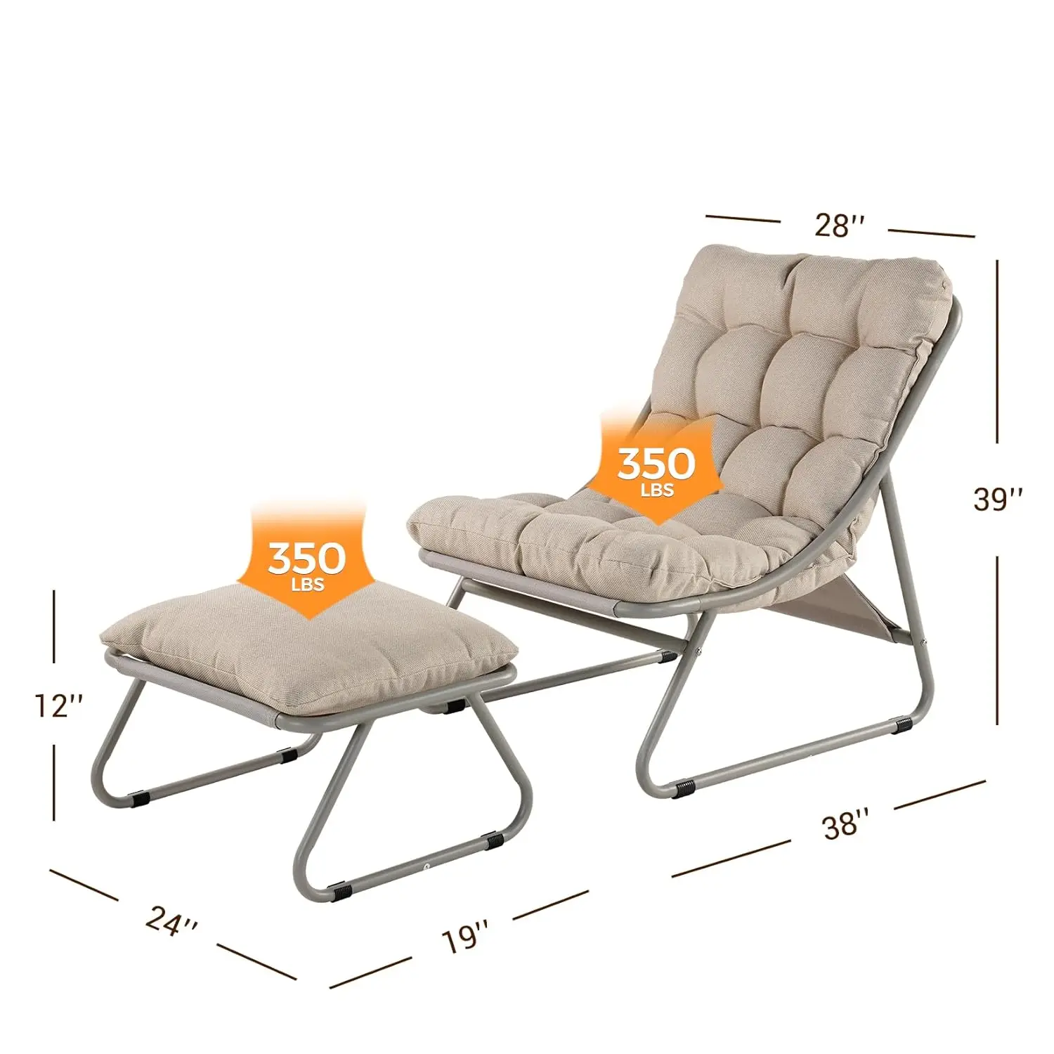 #Outdoor Lounge Chair & Foot Stool, Sling Recliner with Cushion, Patio Furniture for Porch Deck Garden, Gray, Customized