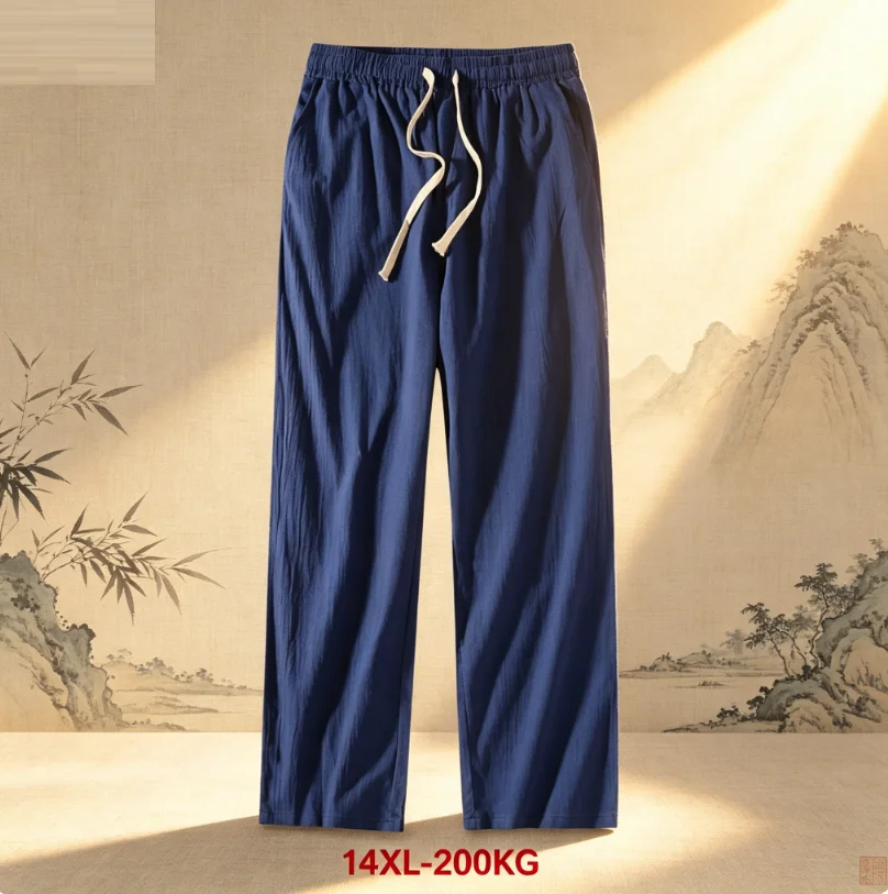 big size 12XL 14XL 180kg spring summer men home wear sleep pants cotton linen chinese style pants vintage Straight pants Stretch