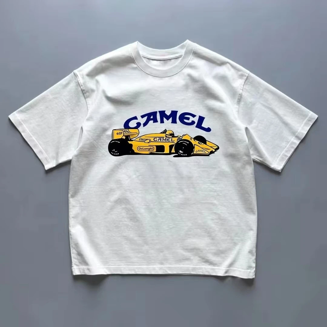White Retro Racing Car Street Trendy Brand T-shirt Cotton Graphic Tee Men Women Summer Streetwear