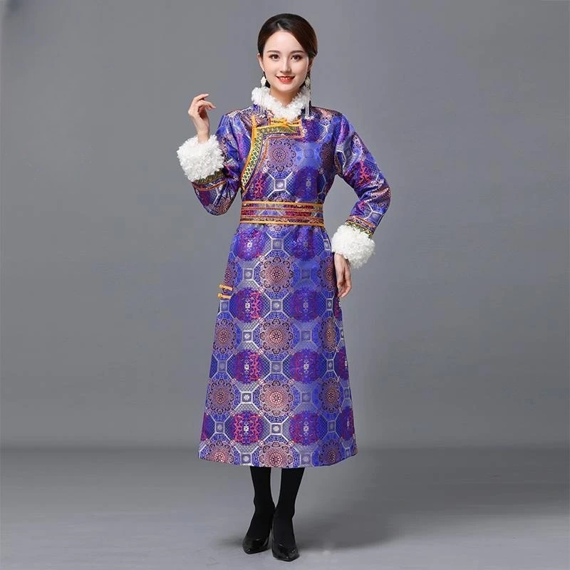 Autumn and Winter Mongolian Clothing Women's Cotton-Padded Clothes Coat Long Wool Traditional Robe Daily Casual