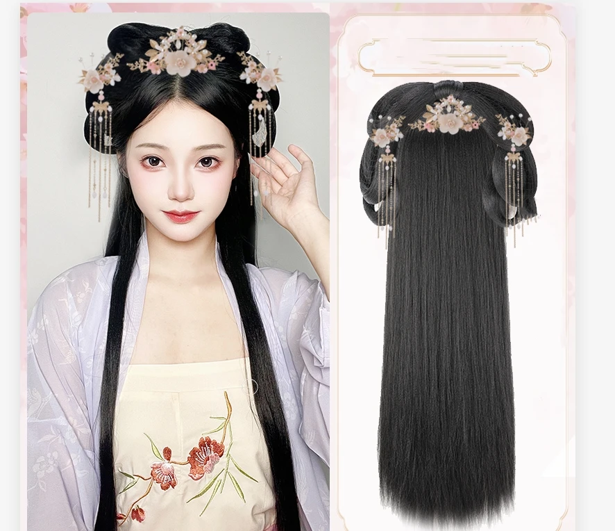 Hanfu Wigs Cosplay  Women Black Ancient Chinese Hanfu Wigs Headgear Accessories Hanfu Long Straight Wigs Black Wig Headband