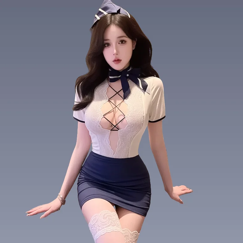 Role-playing Flight Attendant Uniform Temptation Deep V Lace Bag Hip Skirt Sexy Stewardess Cosplay Costume Adult Women Sex Dress