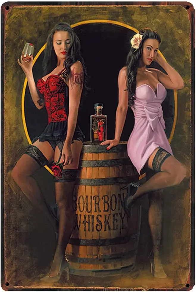 Free Pintree Original Vintage Design Beauty and Whiskey Tin Metal Signs Wall Art | Thick Tinplate Print Poster Wall Decorat sign