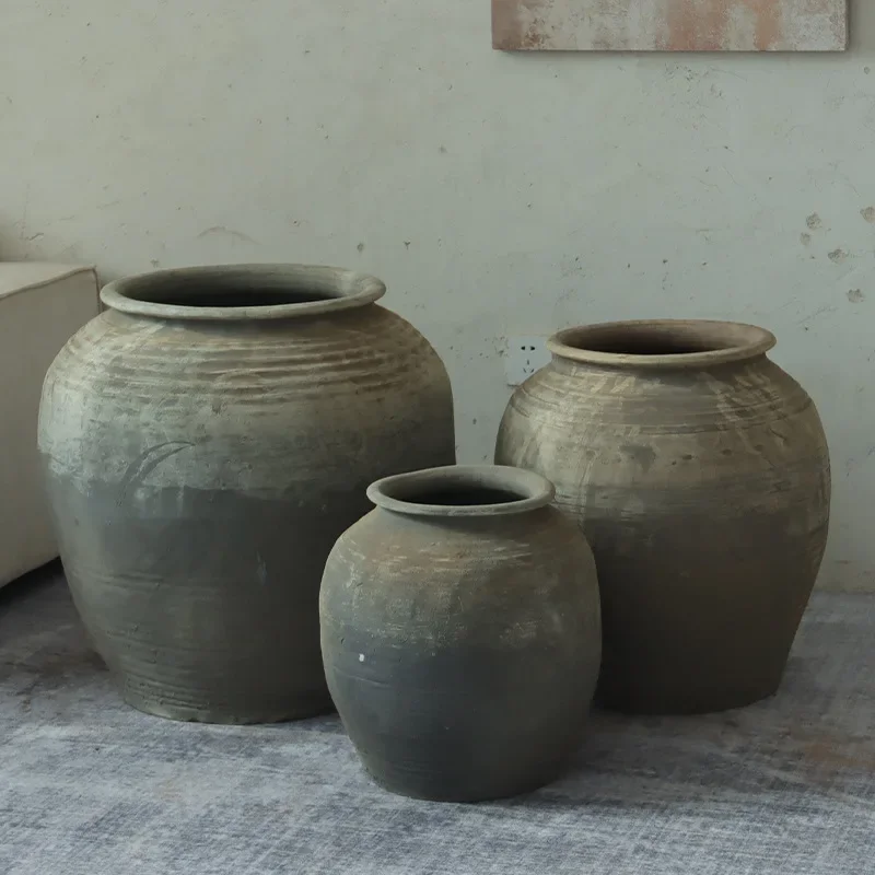 Wholesale spot wabi sandy wind large round belly pottery pot floor-to-ceiling large vase B & B coarse pottery flower ware