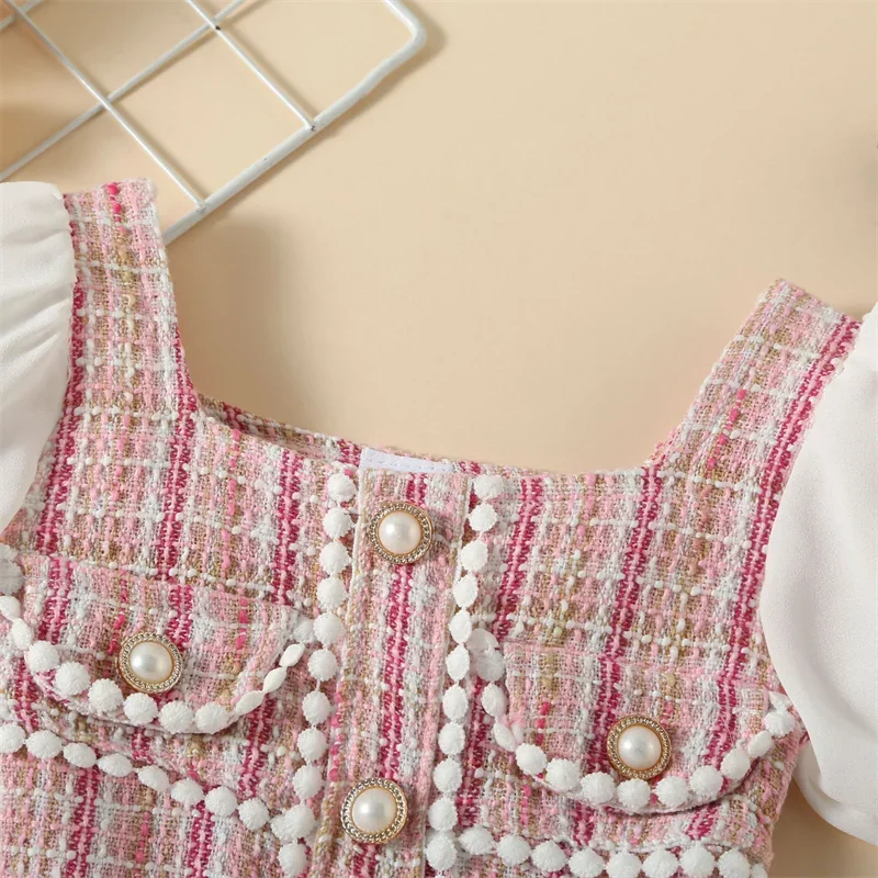 Bear Leader Children Clothing Korean Style Tweed Plaid Pearl Button Small Fur Ball Decoration Fragrant Style Bubble Sleeve Dress