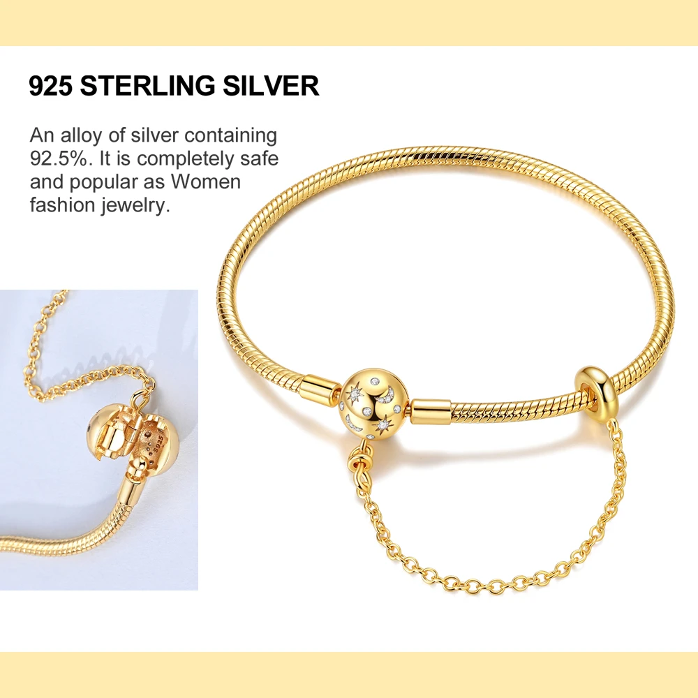 

Браслет-цепочка из серебра 925 пробы с золотым покрытием, «Звездное луно», для женщин, для самостоятельного изготовления украшений, подарок, подходит для оригинальных шармов и подвесок