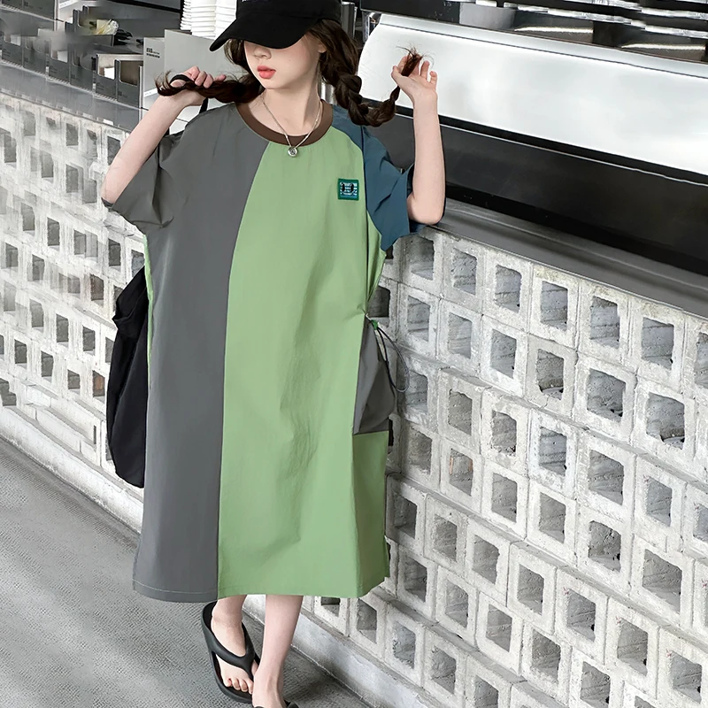 Elegant Children Cotton Loose Long Patchwork Dress for Teens Girl Casual Summer Outfit Kids Luxury Fashion Going Out Dresses
