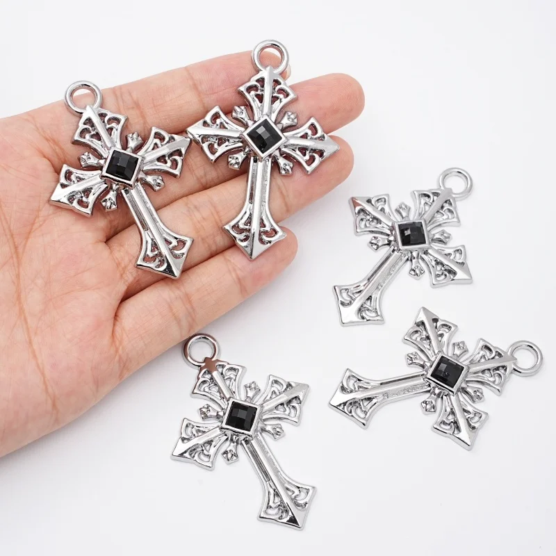 3Pcs Gothic Silver Hollow Cross Pendant with Black Square Water Diamond Metal Cross Pendant Jewelry Manufacturing Accessories