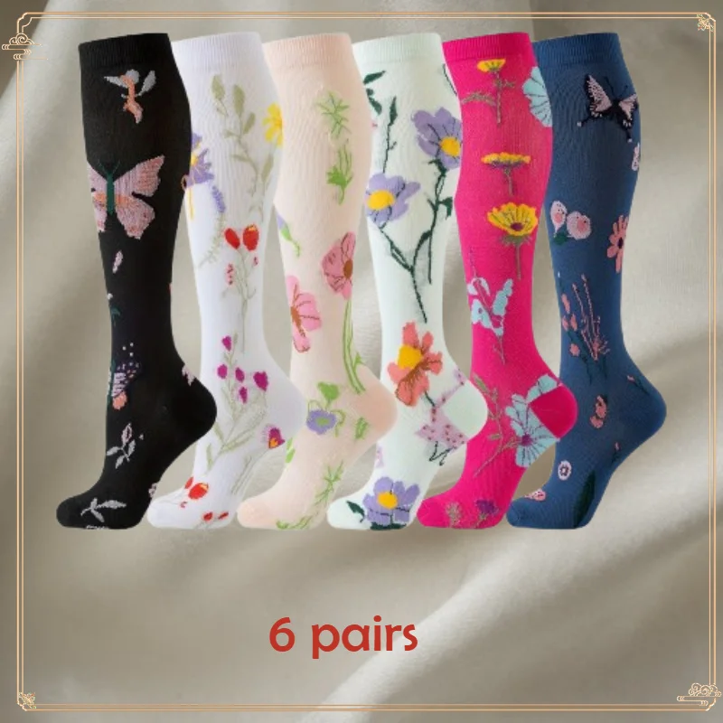 6 pairs of women's floral butterfly compression socks, multicolored tall, pressure socks