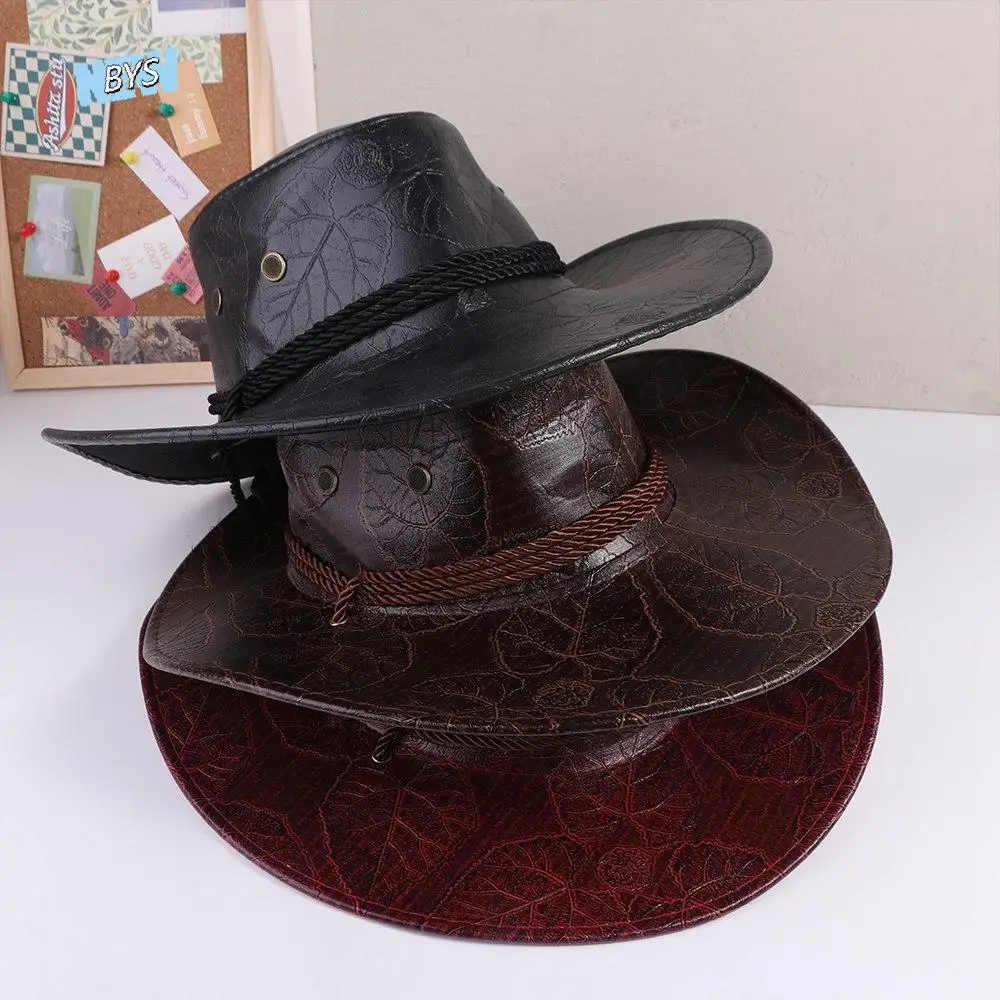 

Climbing Hats Sun Protection Caps Knight Hat Men Bucket Hat PU Leather Summer Sun Hats Western Cowboy Hats Sunscreen Caps