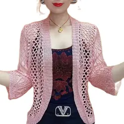 Spring Summer New Ladies jacket Ice Silk Knit Cardigan Middle-Aged Elderly Mothers Joker Solid Color Shawl Hollow Sunscreen Coat