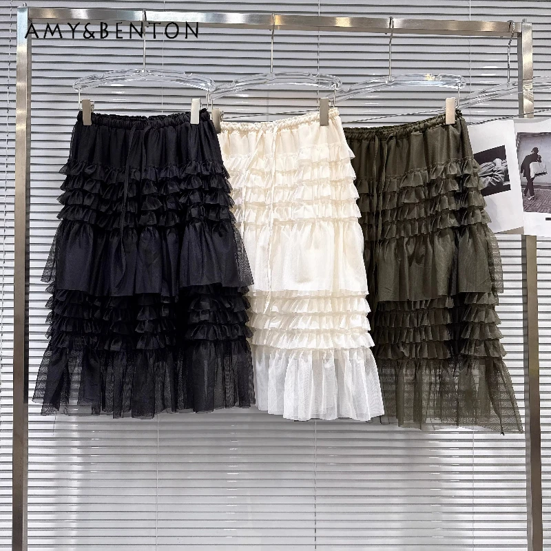 

2026 Summer New Women's Clothing Retro Design Temperament Multi-layer Pleated Splicing Elastic Waist Mesh Cake Skirts Ladies