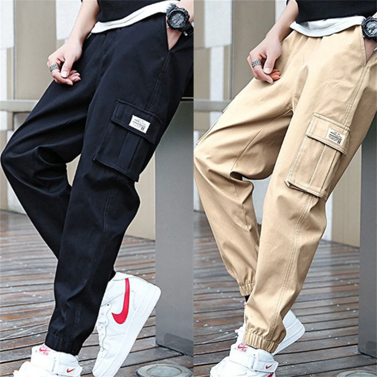 

Black Hip Hop Men's Multi Pockets Cargo Harem Pants Casual Male Track Pants Joggers Trousers Fashion Harajuku Men Pants Boys