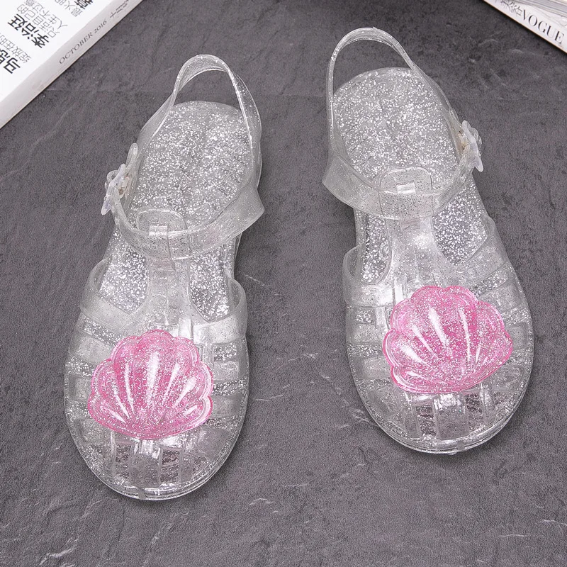 Summer Girls Crystal Shell Jelly Princess Sandals Kids Soft Sole Non-slip PVC Beach Water Shoes Children Single-strap Roman Shoe