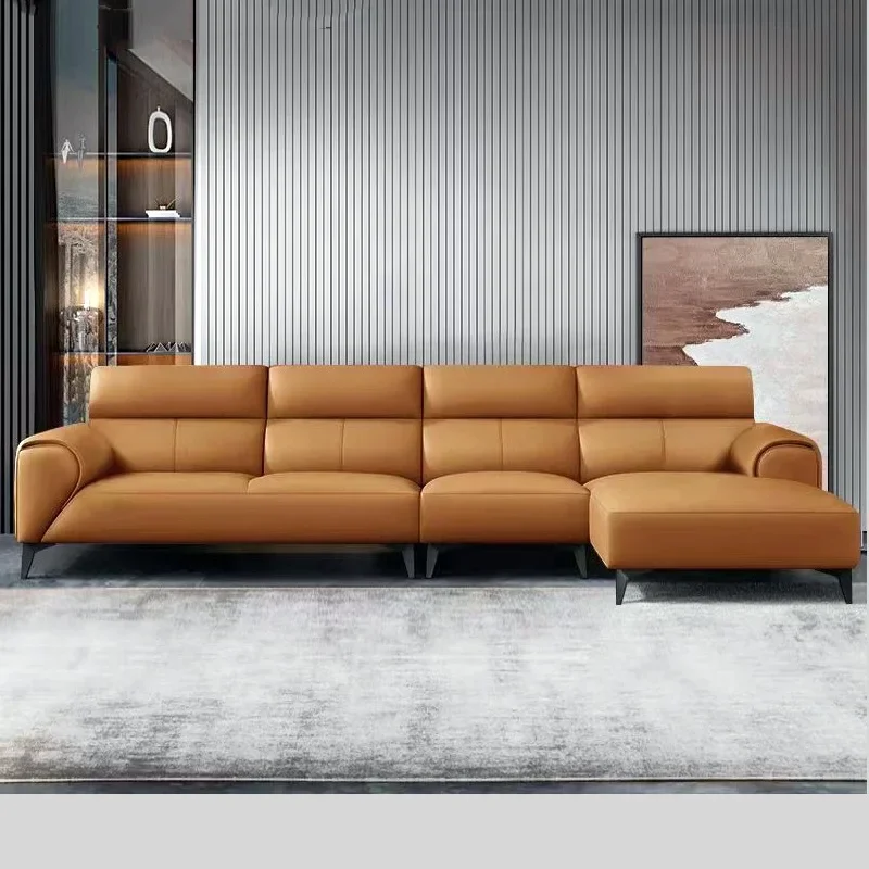 Minimalist corner princess first layer yellow cowhide leather sofa living room furniture modern simple Internet celebrity
