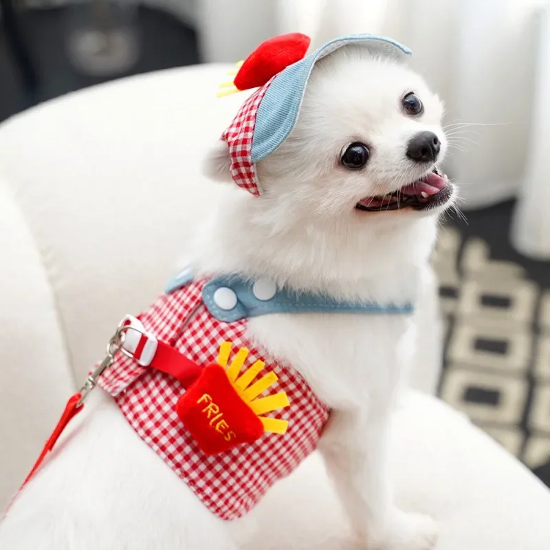 1/Set Fries Pet Harness Traction Rope Pet Wire Rope Pulling Cute Hat Three Piece Puppy Clothes Outgoing Pulling  Harness Leash