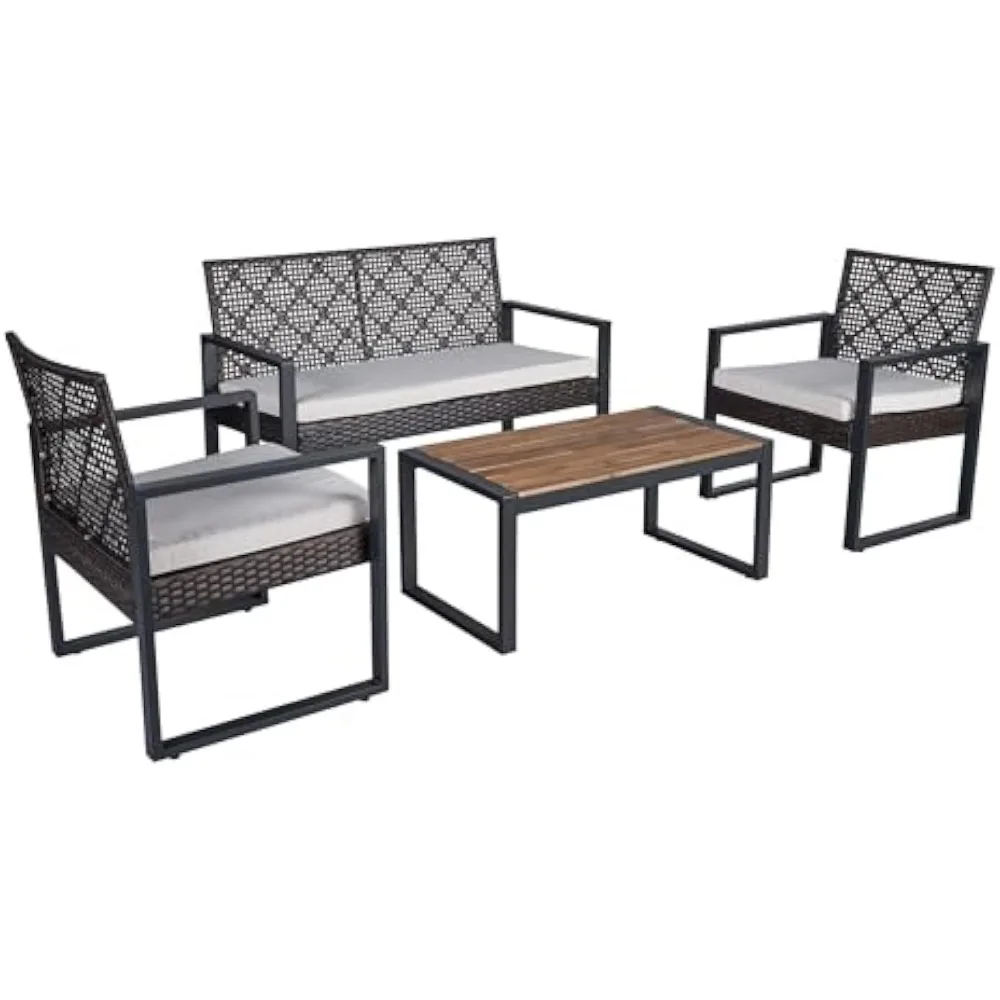

4-Piece Patio Furniture Set Outdoor Balcony Porch Garden Backyard Lawn Furniture Acacia Wood Table Top, Morden Brown and Beige