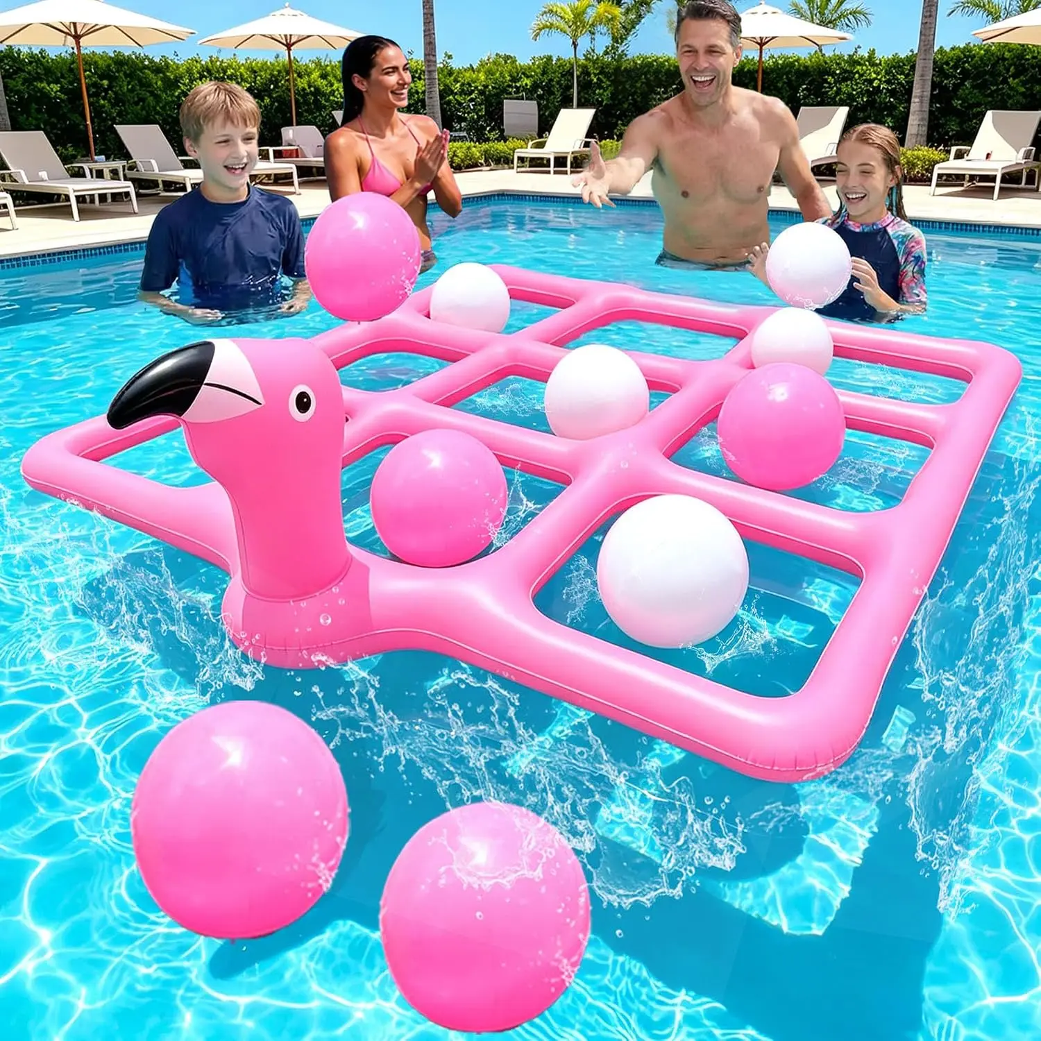 Pink Giant Flamingo Pool Tic Tac Toe Set with 10 Water Balls, Summer Outdoor Water Toy, Nice Party Gift for Family