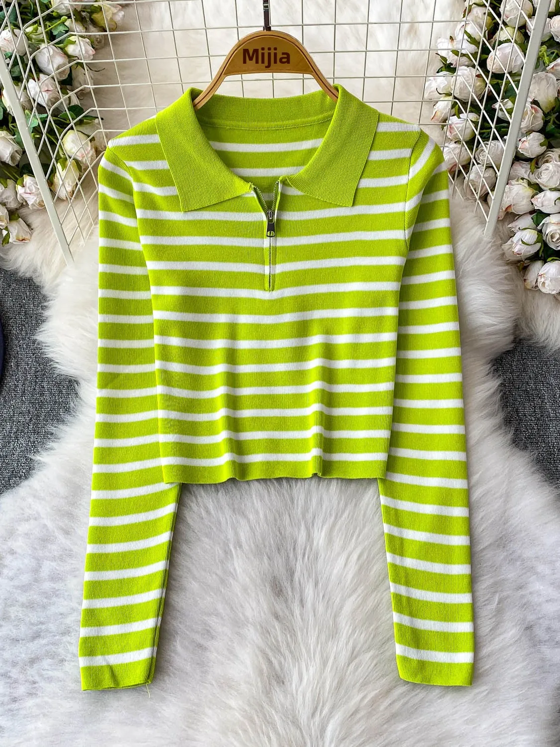 

Korean Sle Slim Fit f Zipper Long Sve Knitted T-irt Women's Autumn New Stripe ort Top Collar Faion Commute