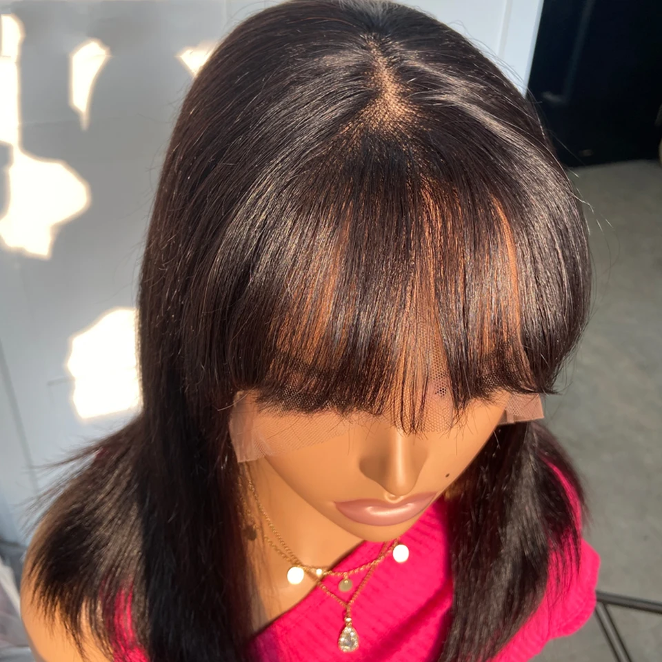 Short Straight Bob Lace Front Wig With Bangs Brazilian Human Hair Bob Wigs For Women Brazilian Remy Hair Easy Part Lace Bob Wig