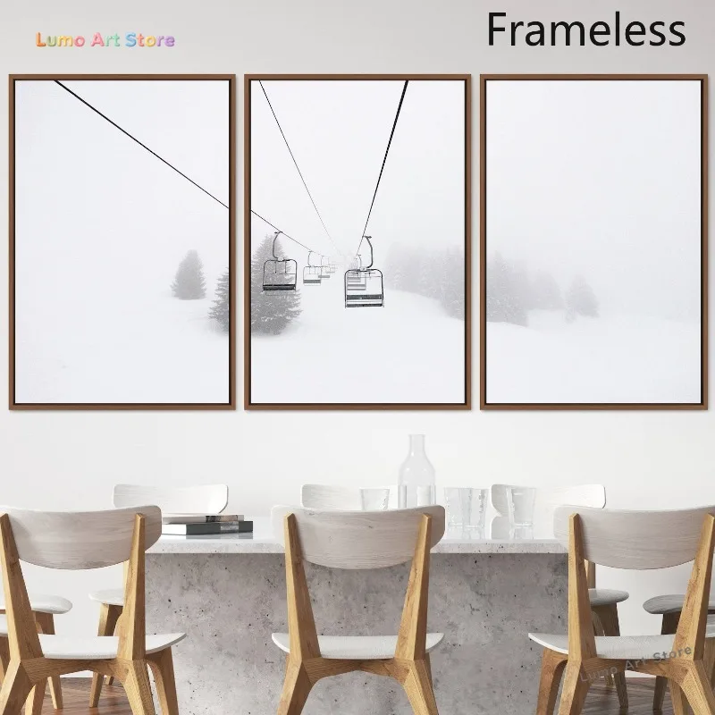 2D Flat, 3pcs Modern Vertical Ski Lift Mountain Wall Art - Snowy Winter Landscape Frameless Canvas Prints, Vertical Suitable