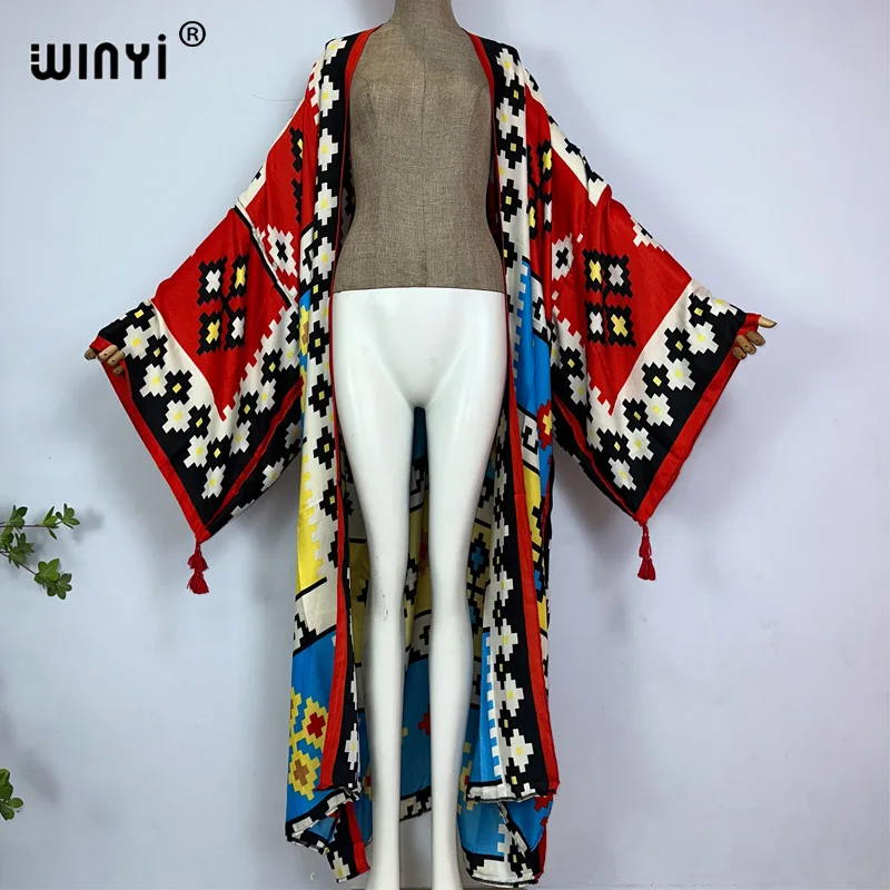 WINYI-Kimono largo de algodón con estampado bohemio para mujer, caftán playero, vestidos de baño, novedad de 2023